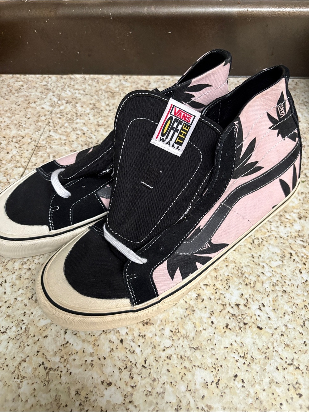 Vans Mid-Top Sneakers in Black & Pink Palm Motif